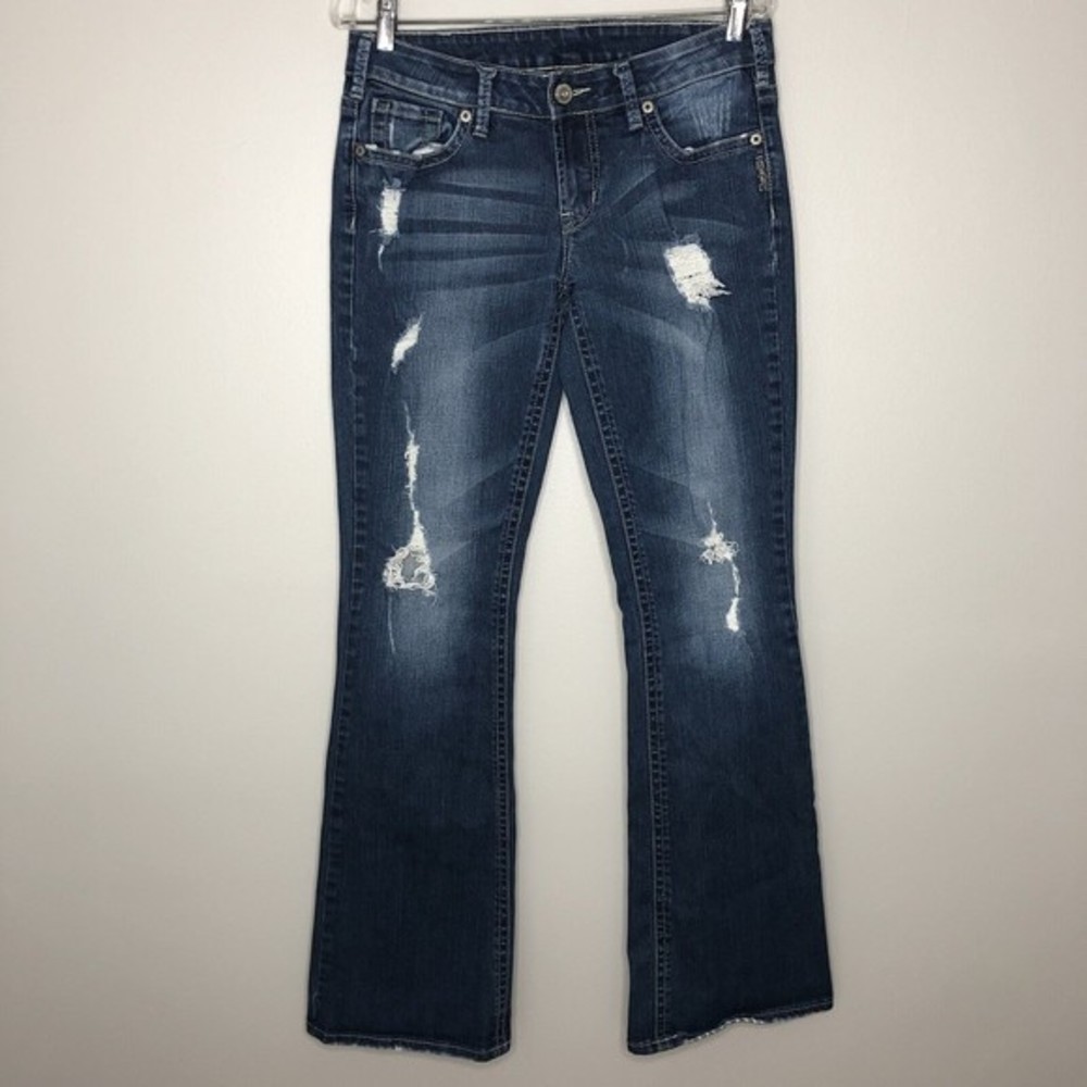 Silver Jeans Women's 30‎ Aiko Distressed Bootcut Flare Dark Wash Denim Jeans
